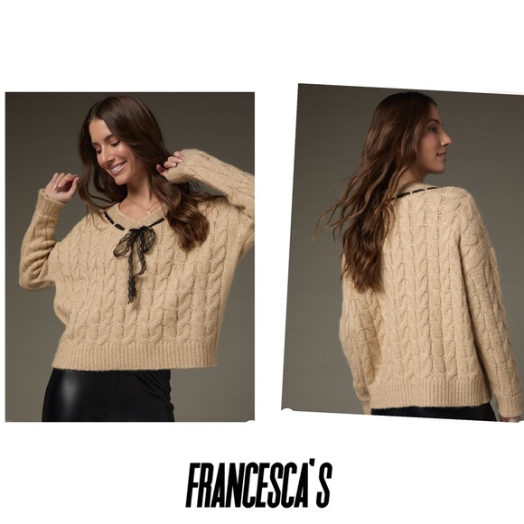 New Francesca’s Tara Lace Ribbon Cable Knit Pullover Sweater - Picture 1 of 6
